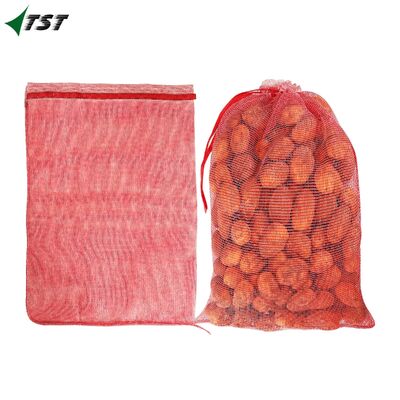 68x89 50kg Leno Red White Color PP Mesh Bag For Potato With Drawstring